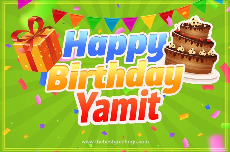 Happy Birthday Yamit picture with flags, chocolate cake and gift box