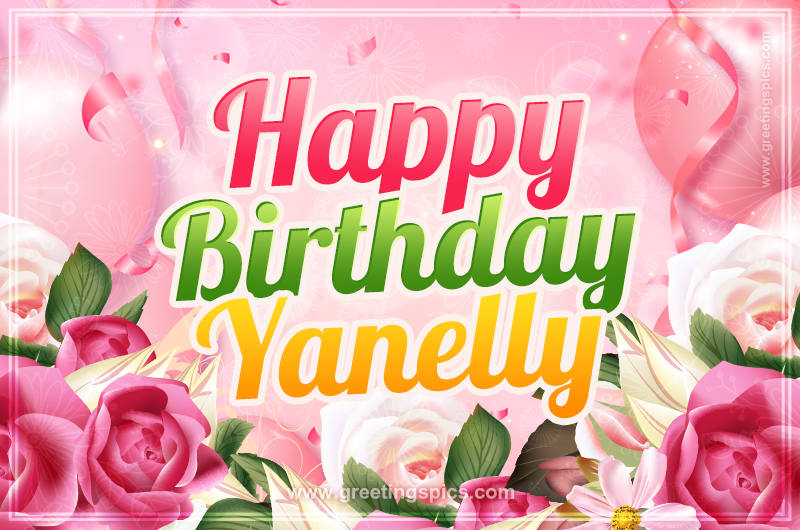 Image with gentle pink background and flowers Happy Birthday Yanelly