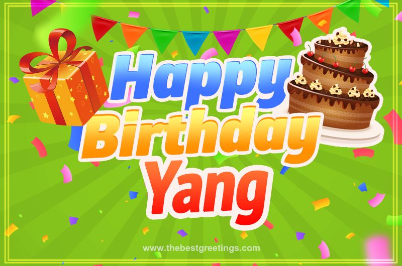 Happy Birthday Yang picture with flags, chocolate cake and gift box