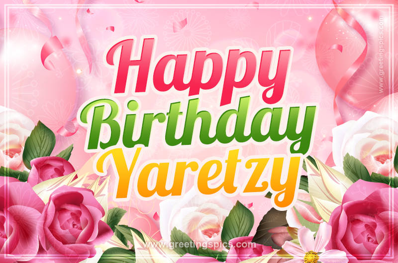 Image with gentle pink background and flowers Happy Birthday Yaretzy