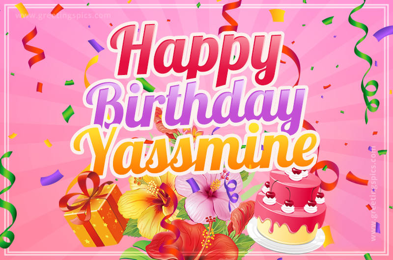 Beautiful Birthday Card for Yassmine with Cake and bouquet of flowers