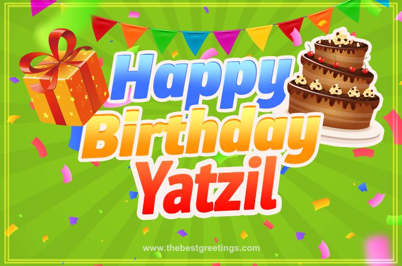 Happy Birthday Yatzil picture with flags, chocolate cake and gift box