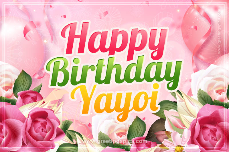 Image with gentle pink background and flowers Happy Birthday Yayoi