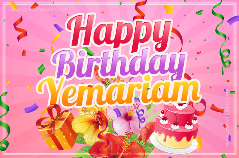 Beautiful Birthday Card for Yemariam with Cake and bouquet of flowers