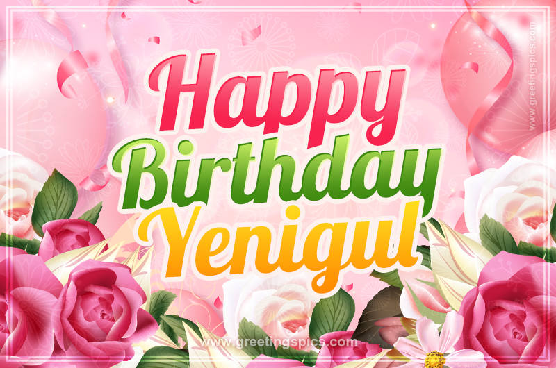 Image with gentle pink background and flowers Happy Birthday Yenigul