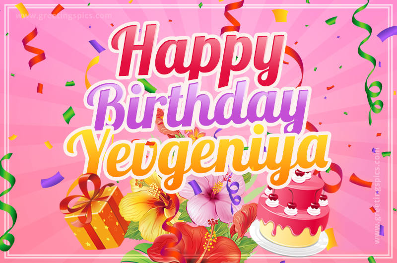 Beautiful Birthday Card for Yevgeniya with Cake and bouquet of flowers