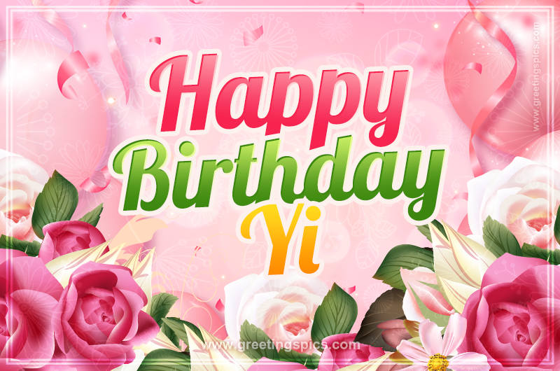 Image with gentle pink background and flowers Happy Birthday Yi