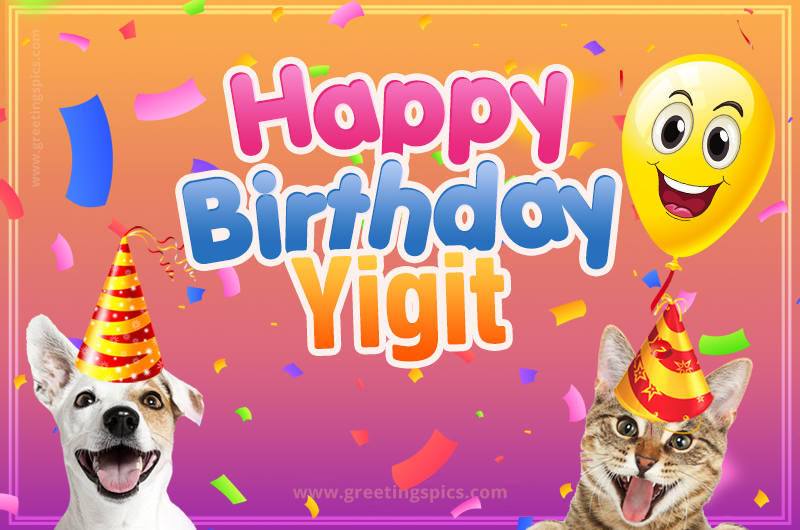 Happy Birthday Yigit Funny Image with cat and dog