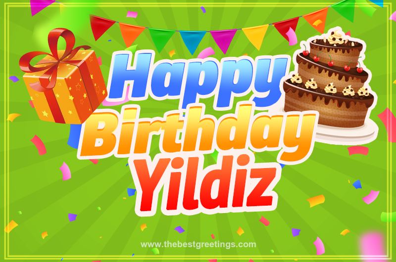 Happy Birthday Yildiz picture with flags, chocolate cake and gift box