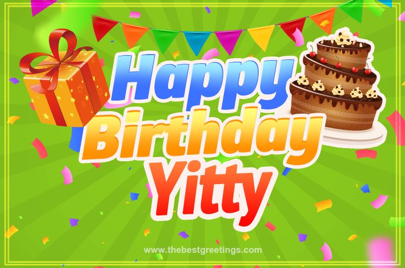 Happy Birthday Yitty picture with flags, chocolate cake and gift box