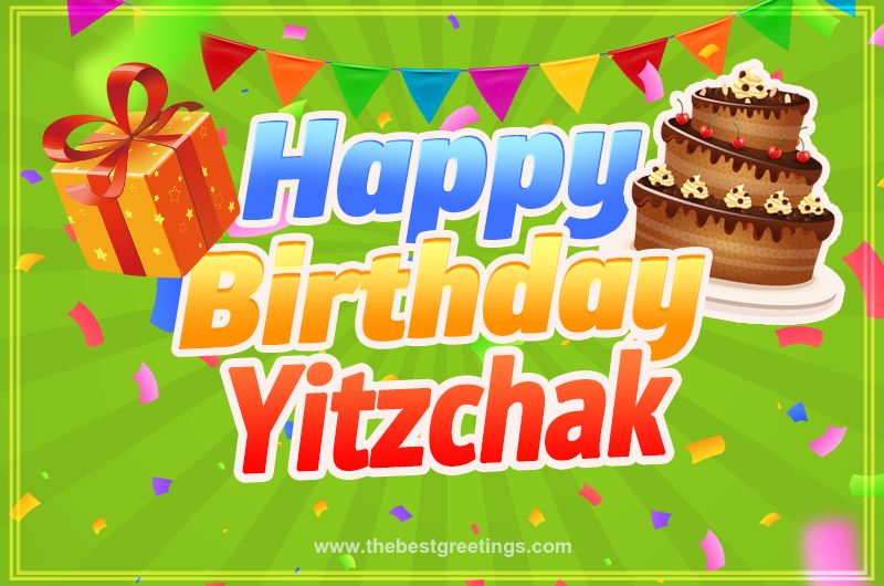 Happy Birthday Yitzchak picture with flags, chocolate cake and gift box