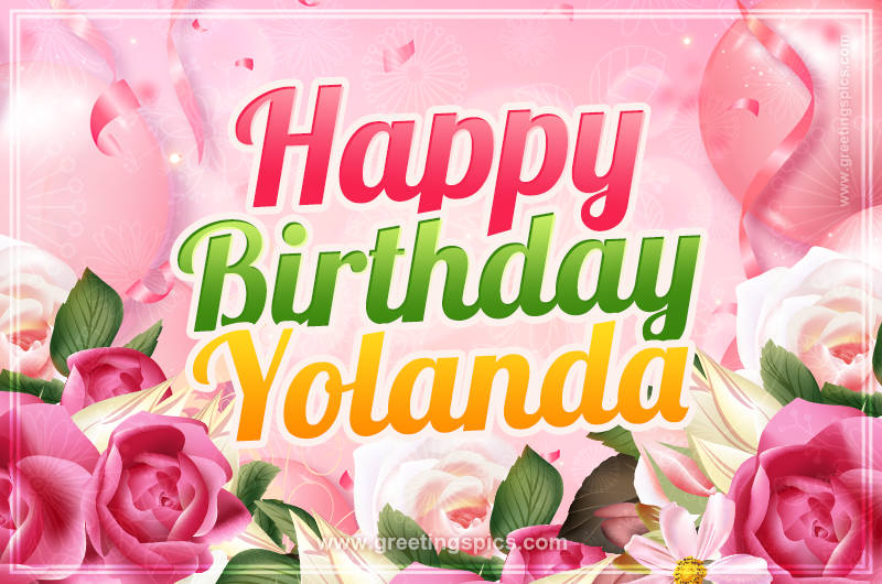 Image with gentle pink background and flowers Happy Birthday Yolanda