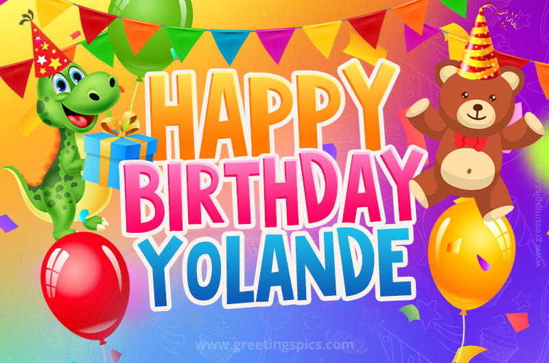 Happy Birthday Yolande Image for a child with cute dinosaur and bear