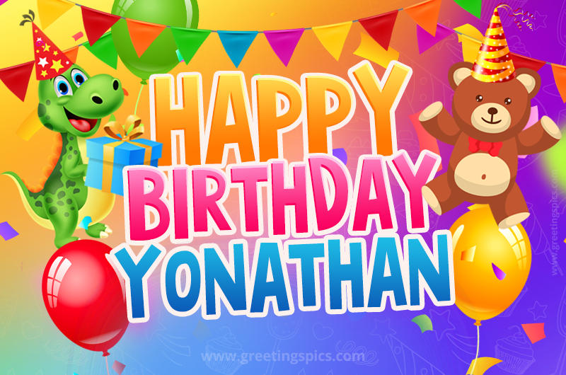 Happy Birthday Yonathan Image for a child with cute baby dinosaur and bear