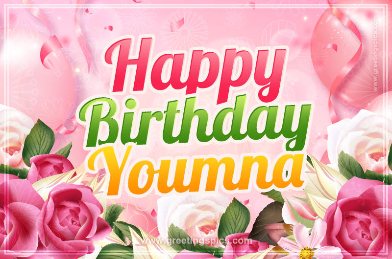 Image with gentle pink background and flowers Happy Birthday Youmna