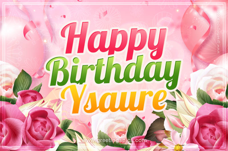 Image with gentle pink background and flowers Happy Birthday Ysaure