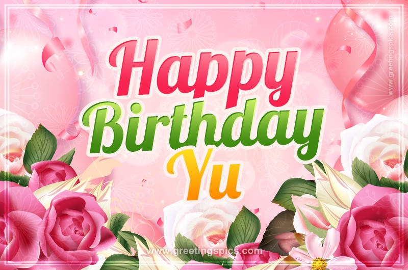 Image with gentle pink background and flowers Happy Birthday Yu