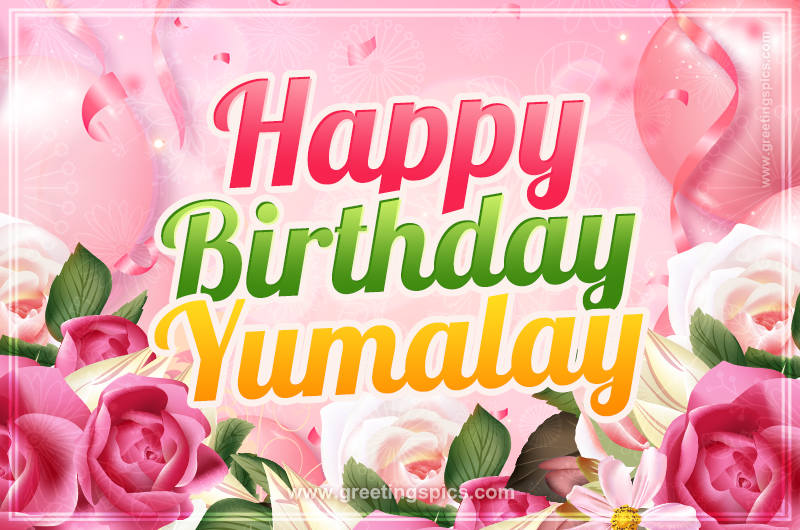 Image with gentle pink background and flowers Happy Birthday Yumalay