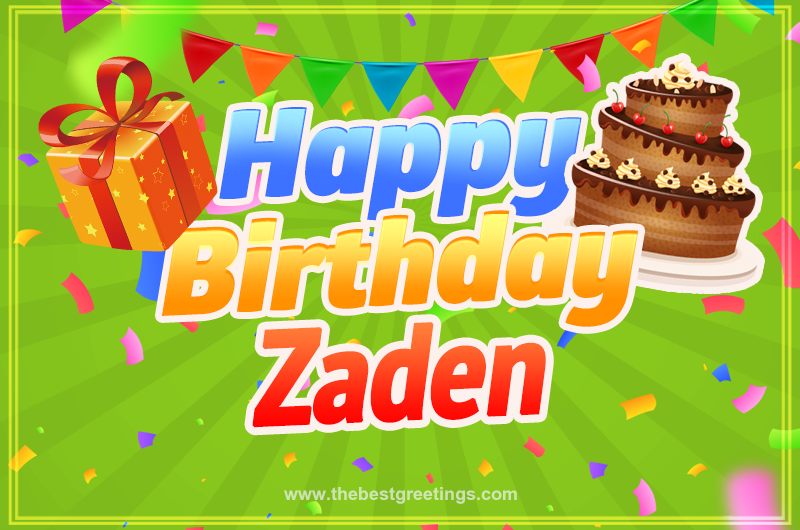 Happy Birthday Zaden picture with flags, chocolate cake and gift box