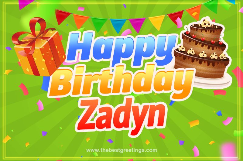 Happy Birthday Zadyn picture with flags, chocolate cake and gift box