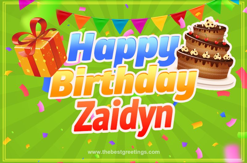 Happy Birthday Zaidyn picture with flags, chocolate cake and gift box