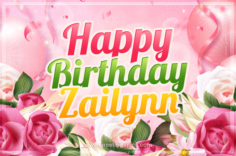 Image with gentle pink background and flowers Happy Birthday Zailynn