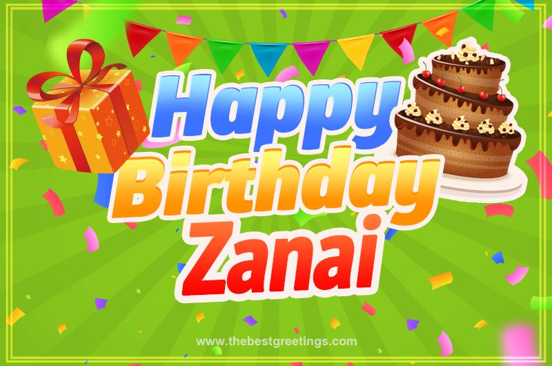 Happy Birthday Zanai picture with flags, chocolate cake and gift box