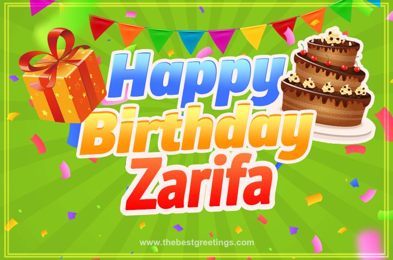 Happy Birthday Zarifa picture with flags, chocolate cake and gift box