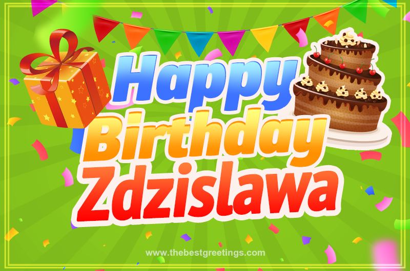 Happy Birthday Zdzislawa picture with flags, chocolate cake and gift box