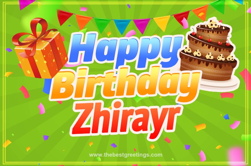 Happy Birthday Zhirayr picture with flags, chocolate cake and gift box