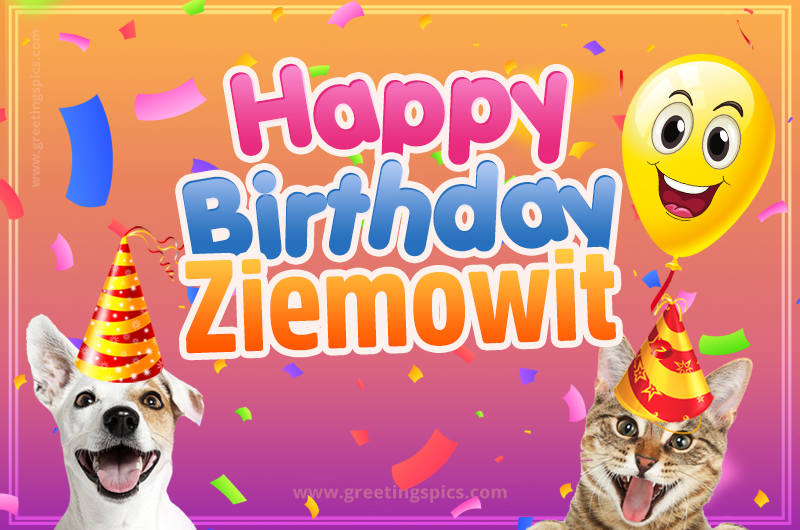 Happy Birthday Ziemowit Funny Image with cat and dog