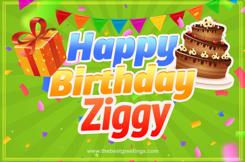 Happy Birthday Ziggy picture with flags, chocolate cake and gift box