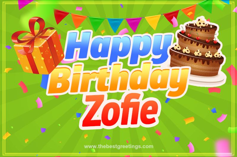 Happy Birthday Zofie picture with flags, chocolate cake and gift box