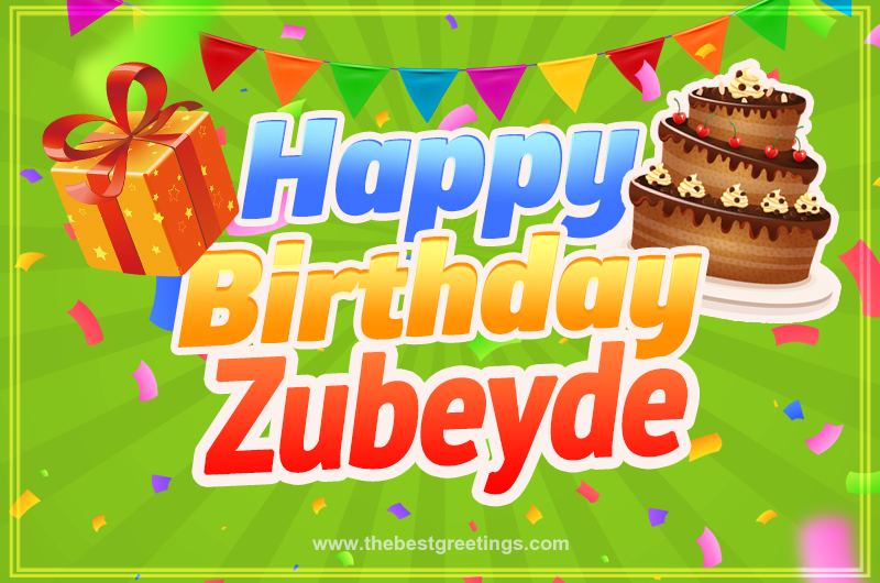 Happy Birthday Zubeyde picture with flags, chocolate cake and gift box