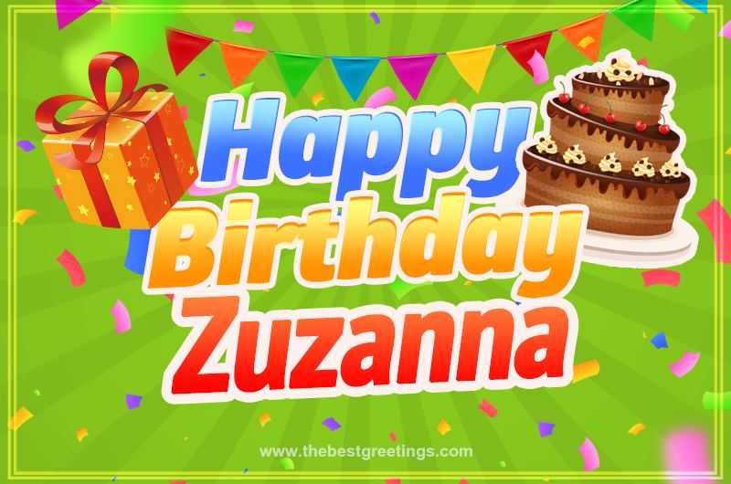 Happy Birthday Zuzanna picture with flags, chocolate cake and gift box